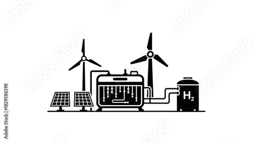 Illustration of green hydrogen production using solar and wind power