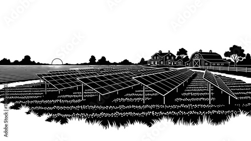 Black and white woodcut illustration of solar panels on farmland near a barn