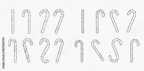 Set of hand-drawn candy cane illustrations in various orientations and patterns, isolated on a transparent background, perfect for holiday designs.