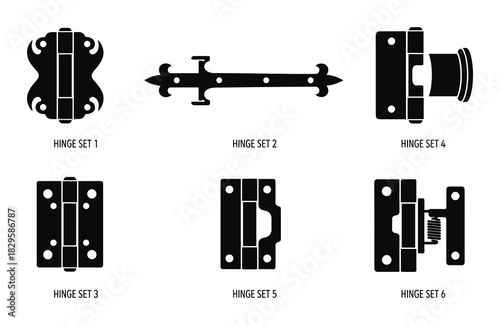 Assortment of different hinge sets in black silhouette style, demonstrating various designs and functionalities