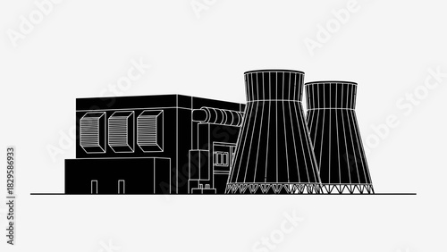 Black and white illustration of a power plant with cooling towers