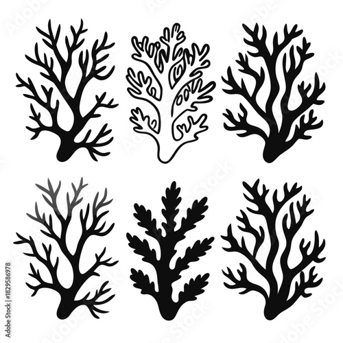 Silhouette seaweed pattern displays organic marine black shapes against a clean white background providing clear contrast