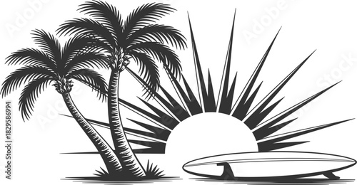 Tropical Beach Engraving Vector Illustration, Palm Trees, Sunset Sunburst, Surfboard, Vintage Summer Holiday Travel Graphic Design Element