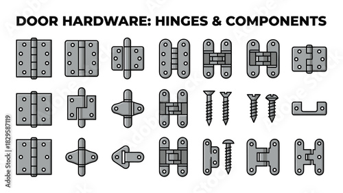 Door hardware set showcasing various hinges and components essential for proper door functionality and installation
