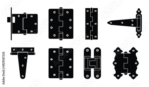Collection of various door hinges and hardware in black silhouette style for architectural and carpentry design