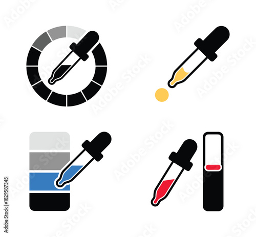 Set of dropper color picker icons for graphic design software or digital art tools showing various color selection and application scenarios