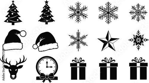 Black and white Christmas icons set, including decorated trees, snowflakes, Santa hats, reindeer head, clock with bow, star, and gift boxes for festive designs