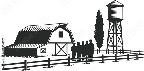 Farm Scene Silhouette Vector Illustration, Rural Barn, Water Tower, Group of People, Countryside Landscape, Agriculture and Farming Graphic Design