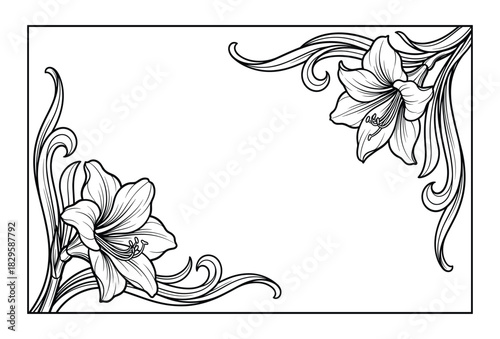Art nouveau inspired lily flower corner border with elegant swirling tendrils