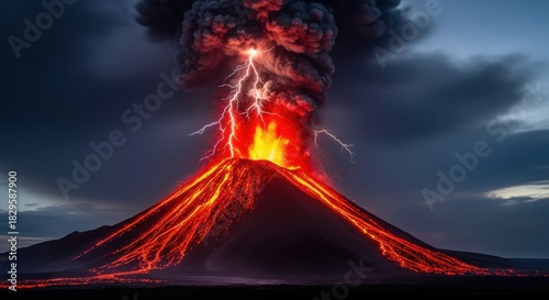 Majestic Volcanic Eruption Witness the Power of Nature with Lava Flows and Lightning Strikes