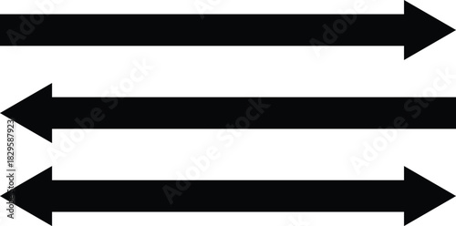 Clean and simple vector icon showing a black arrow pointing both right and left. Represents two-way direction, navigation, movement, exchange, comparison, transfer, or reversible action.