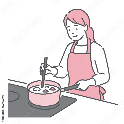 キッチンで料理をする女性のイラスト（エプロン・調理）