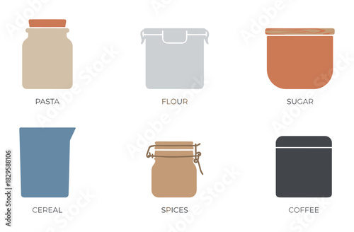 Various food storage containers with labels for pasta, flour, sugar, cereal, spices, and coffee on a white background
