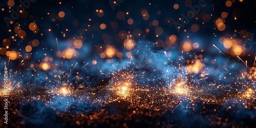 Panoramic view of abstract sparkling lights and blue smoke creating a magical and ethereal atmosphere