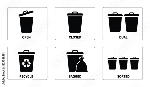 Set of black and white garbage bin icons representing different waste disposal methods