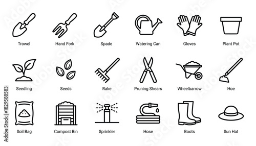 Gardening tools and equipment outline icons set including trowel hand fork spade watering can and plant pot