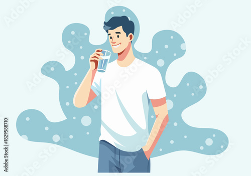 Illustration Young Man Drinking Water from Glass