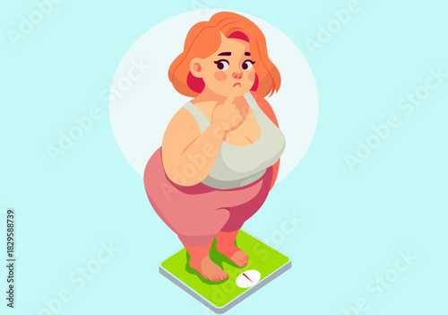 Illustration Overweight Woman Standing on Weight Scale