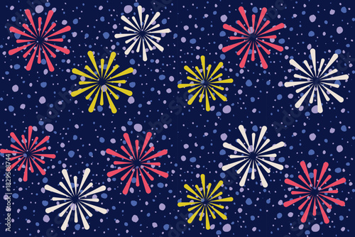 Colorful firework and snowfall seamless pattern.Abstract nigh blue sky, background surface texture background.Nature winter folk art illustration.Design for seasonal,Christmas holiday,celebration deco