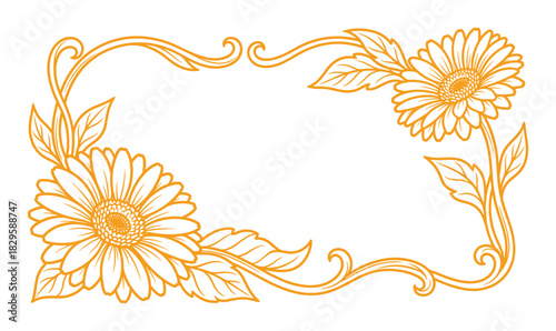 Orange gerbera daisy floral frame with decorative scrollwork corners perfect for invitations and greetings