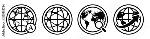 Global network and earth map icons, worldwide connection and international navigation symbols