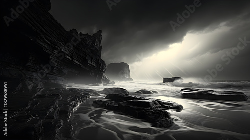 Fototapeta Naklejka Na Ścianę i Meble -  Stormy black-and-white shoreline with crashing waves under a moody sky