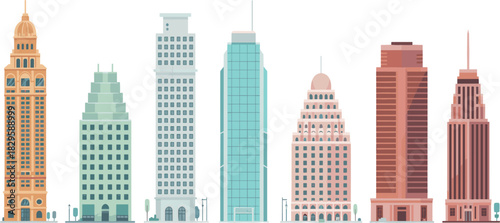 Flat Design City Buildings Vector Set, Modern and Vintage Skyscrapers Collection, Urban Architecture Graphic Elements, Business District Cartoon Illustration