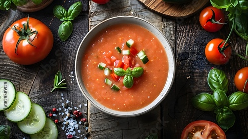 Rustic Wood Flat Lay of Freshly Poured Chunky Gazpacho Soup Surrounded by Ripe Tomatoes, Sliced Cucumber, and Herbs. Authentic Spanish Cold Soup Still Life.
