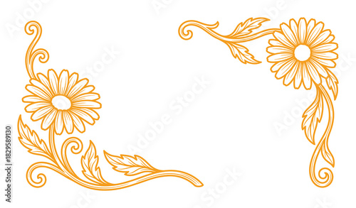 Golden ornamental frame with stylized daisy flowers and decorative swirls for design projects