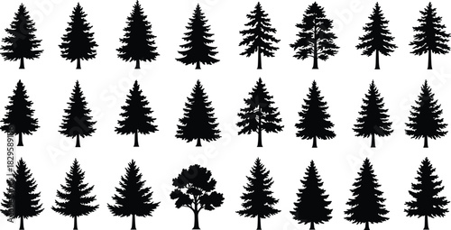 Black tree silhouettes grid, 25 forest icons, conifer and deciduous shapes, vector set for botanical study, nature design elements, minimal monochrome