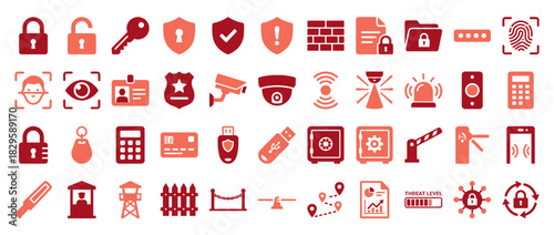 Security and protection solid icon set. containing lock, shield,
