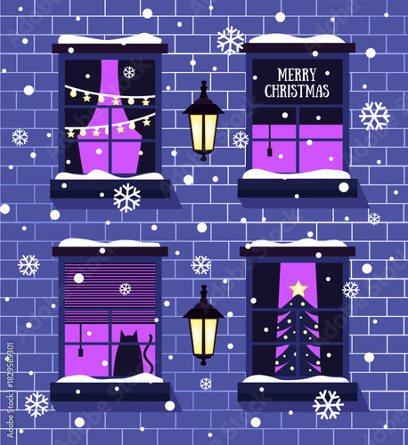 Illustration of a New Year's house on a blue background.