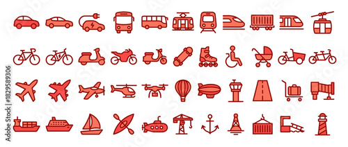 Transport and travel solid icon set: car, bicycle, bus, train, s