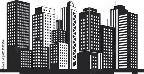 Dense City Skyline Silhouette Vector Illustration, Modern Urban Downtown Buildings Graphic, Black Skyscraper Panorama, Metropolis Business District Icon