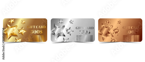 A set of three gift cards with stars, gold, silver and bronze with different amounts
