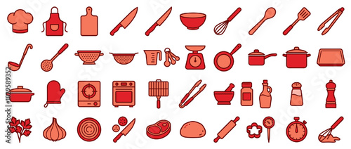 Kitchen tools solid icon set. containing knife, cutting board, s