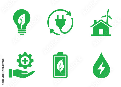 Eco-friendly energy icons set with lightbulb, plug, wind turbine house, gear, battery and water drop