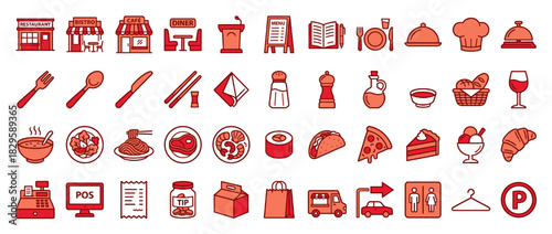 Food and dining solid icon set. containing restaurant, menu, ute