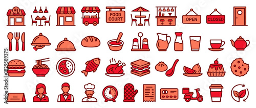 Food and dining solid icon set. containing restaurant, cafe, foo