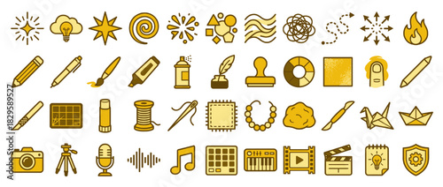 Creative tools and ideas solid icon set. containing lightbulb, p