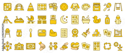 Childcare and education solid icon set. containing playground, t