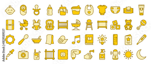 Baby essentials solid icon set. containing pacifier, bottle, str