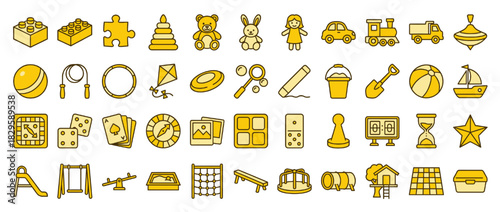 Toys and games solid icon set. containing blocks, puzzle, pyrami