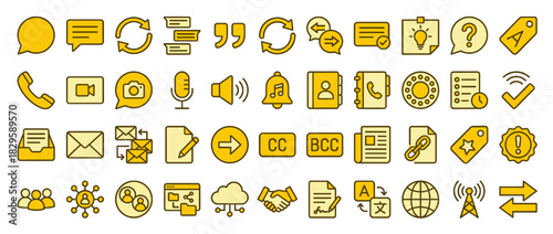 Communication and office solid icon set. containing chat, sync,