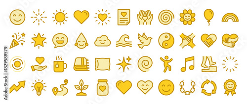 Wellness and positivity solid icon set. containing smiley, sun,