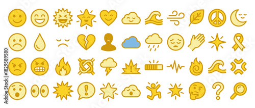 Emoji solid icon set. containing smile, heart, weather, peace, m