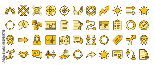 Business communication and project management solid icon set. in