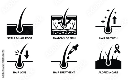 Hair health and treatment icons showing scalp, hair root, growth, loss, and alopecia care in a simple black and white style