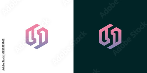 Sleek and modern geometric lettermark logo design featuring a captivating gradient color scheme within an abstract hexagonal or cube shape, ideal for innovative brands