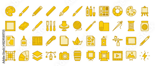 Art and craft tools solid icon set. including paint, brush, penc